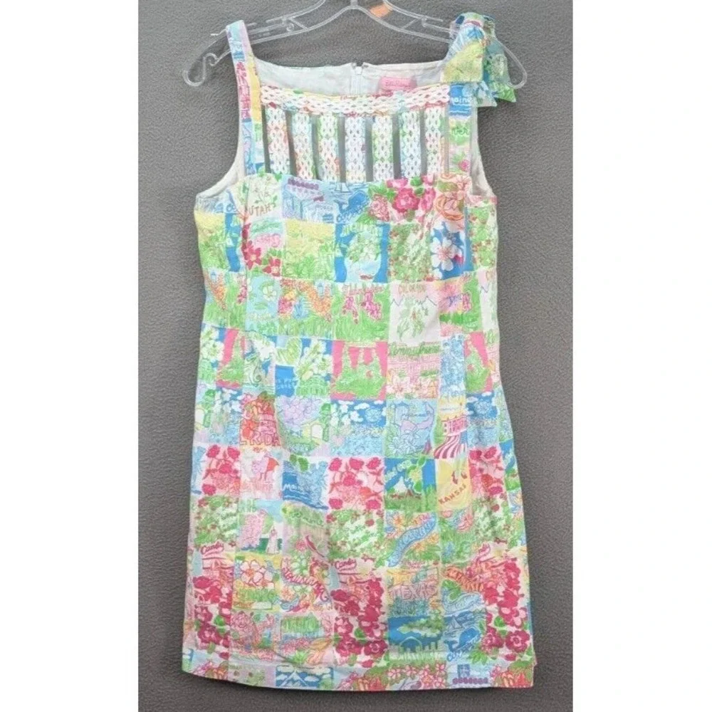 Lilly Pulitzer Shift Dress Sz 6 Multicolor Patchwork Sleeveless Bow Strap Resort - Picture 3 of 16